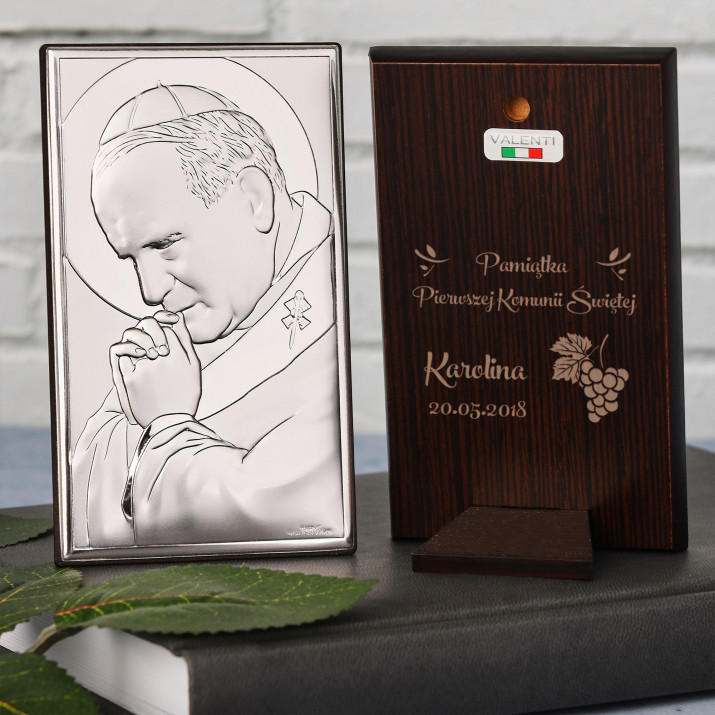 Pamiątka Pierwszej Komunii - Papież - Srebrny Obrazek z Grawerem